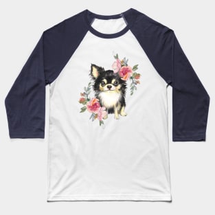 Cute Chihuahua Puppy Dog with Flowers Watercolor Art Baseball T-Shirt